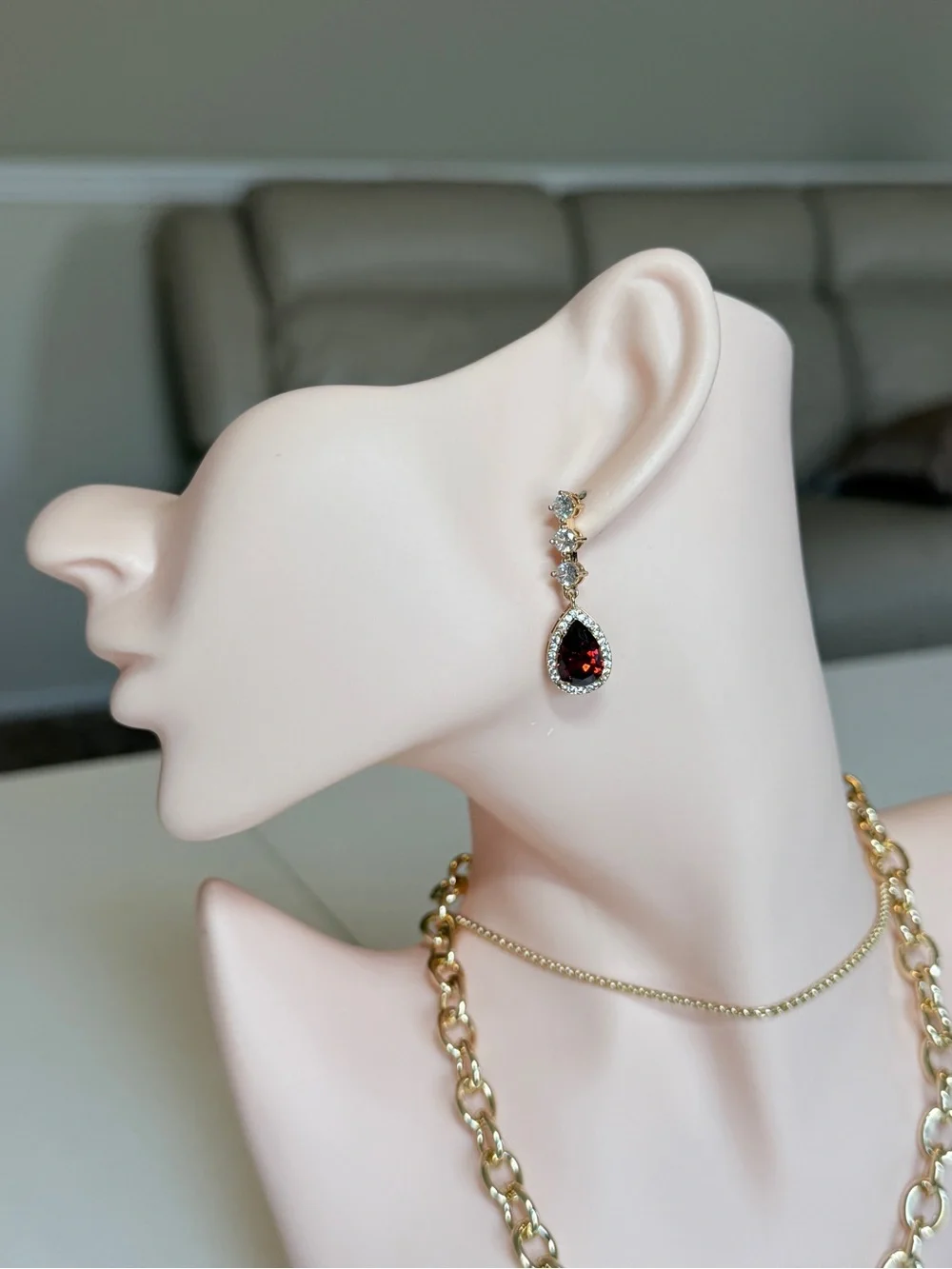 Gold Garnet Teardrop Drop Earrings with Zirconia